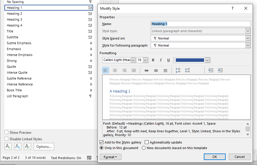 Modify Styles dialog